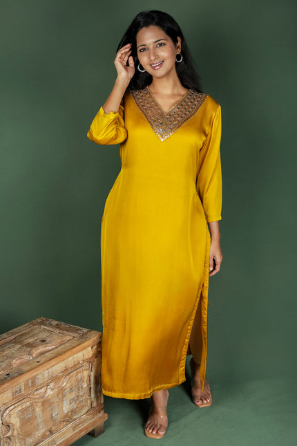 Mustard Modal Satin Kurta with Metal Embroidery