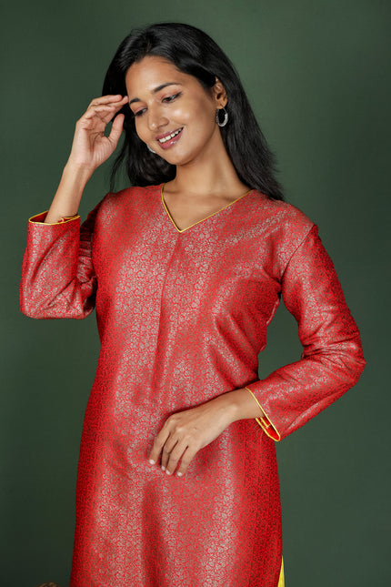 Red Semi Brocade Kurta