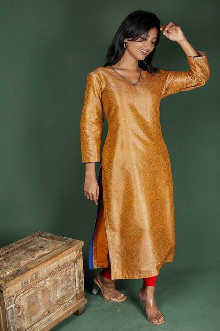 Mustard Semi Brocade Kurta
