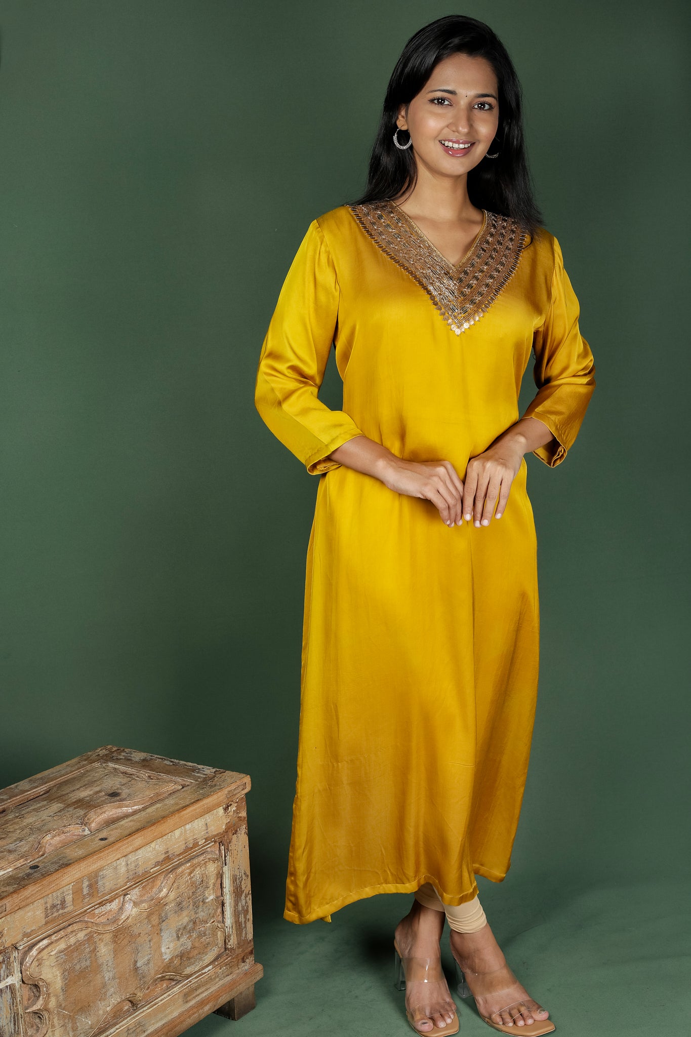 Mustard Modal Satin Kurta with Metal Embroidery