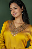 Mustard Modal Satin Kurta with Metal Embroidery