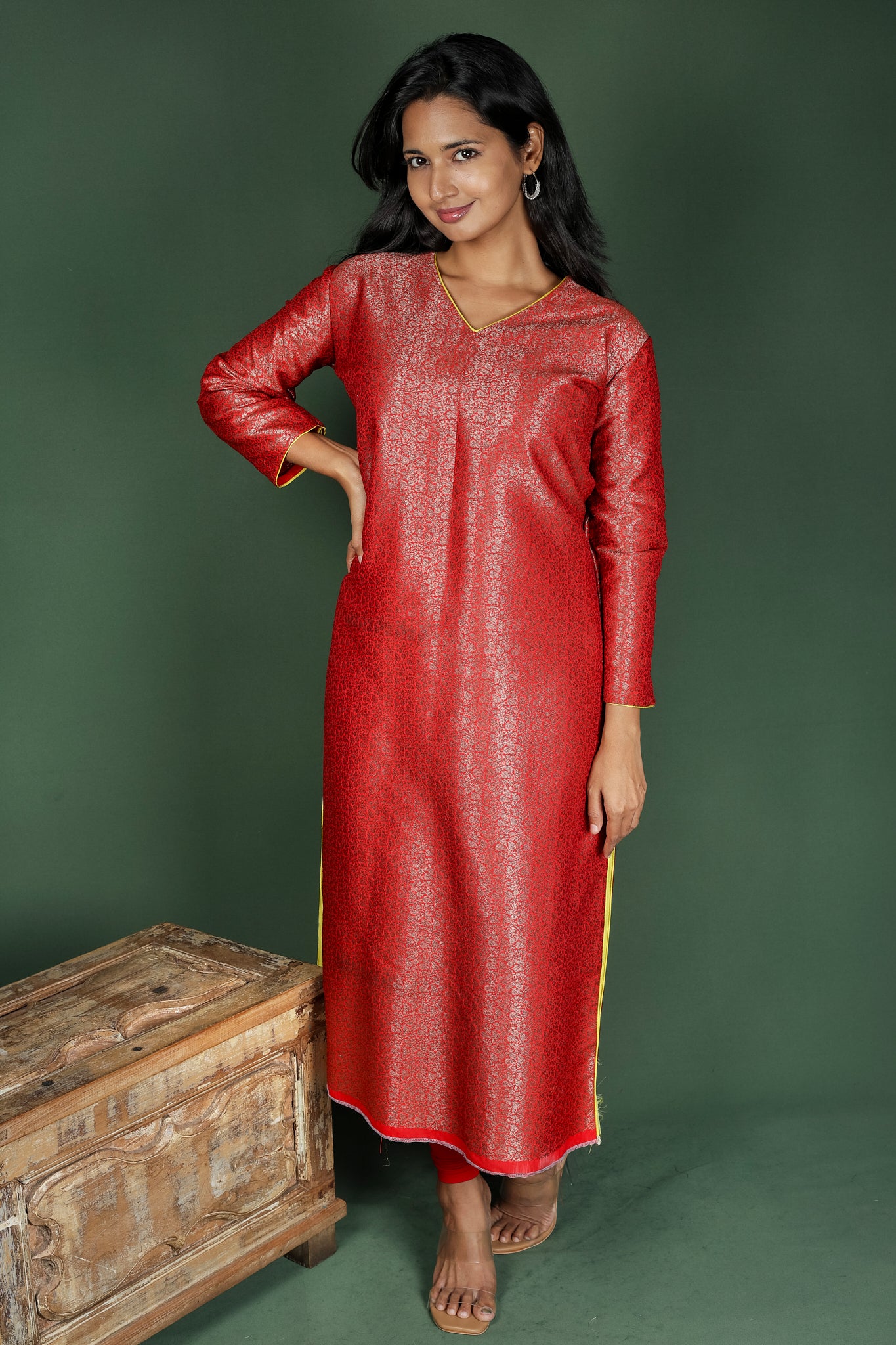 Red Semi Brocade Kurta