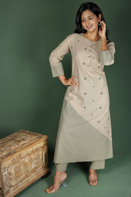 Cream & Green Cotton Printed Kurta with Striped Pant (Co-Ords)