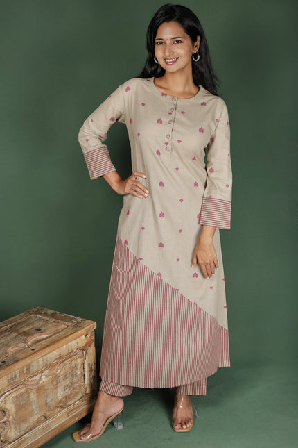 Cream Cotton Printed Kurta with Striped Pant (Co-Ords)