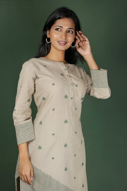 Cream & Green Cotton Printed Kurta with Striped Pant (Co-Ords)