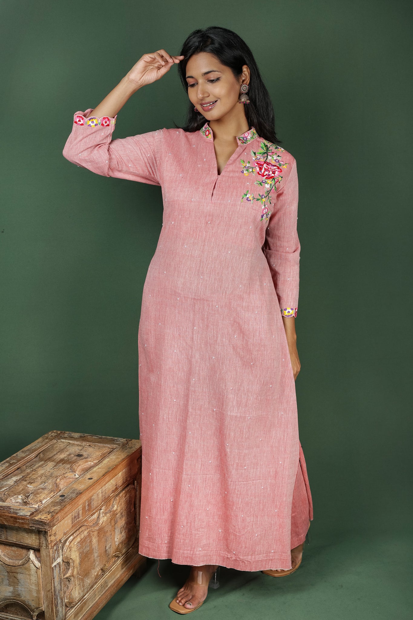 Pink Cotton Embroidered Collar (Co-ord Set)