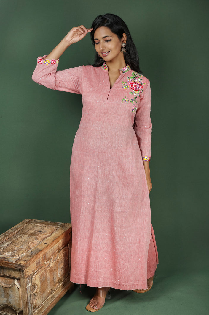 Pink Cotton Embroidered Collar (Co-ord Set)