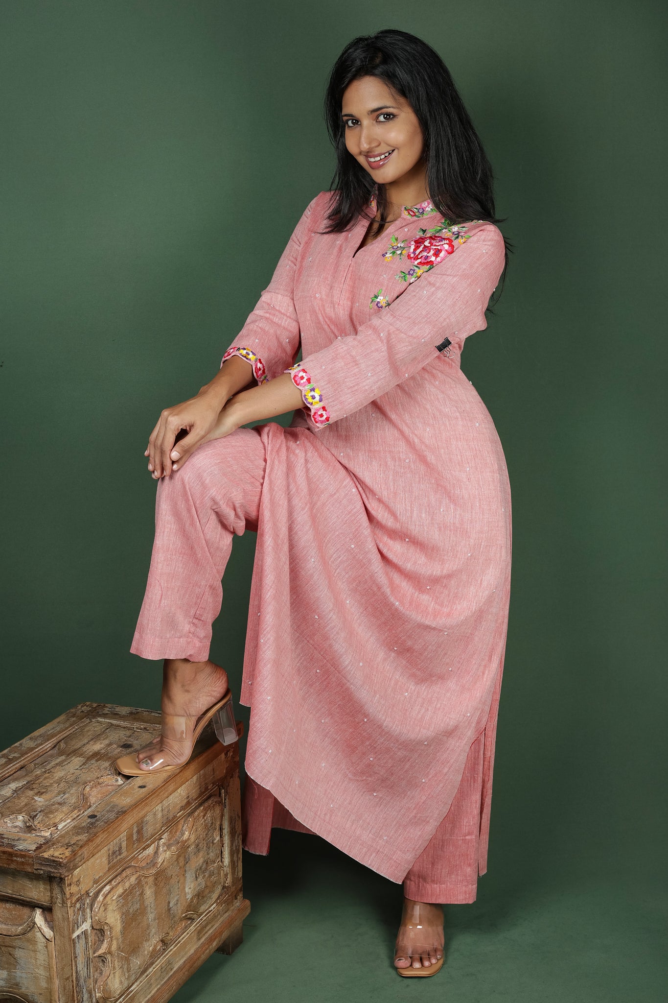 Pink Cotton Embroidered Collar (Co-ord Set)