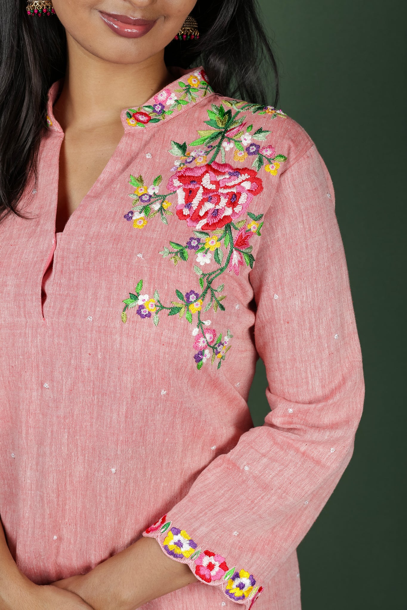 Pink Cotton Embroidered Collar (Co-ord Set)