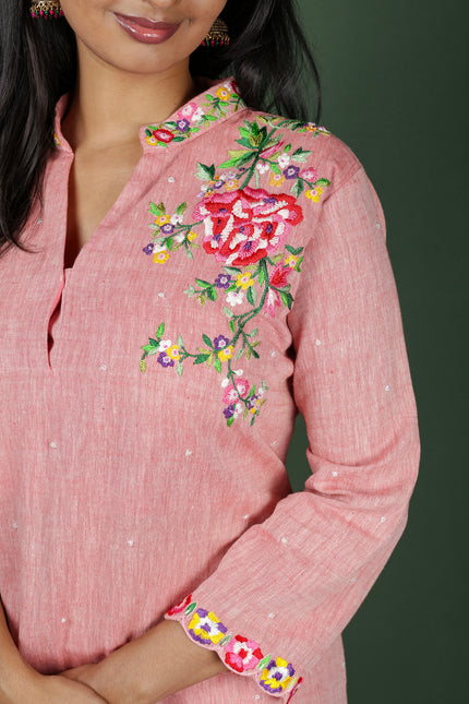 Pink Cotton Embroidered Collar (Co-ord Set)