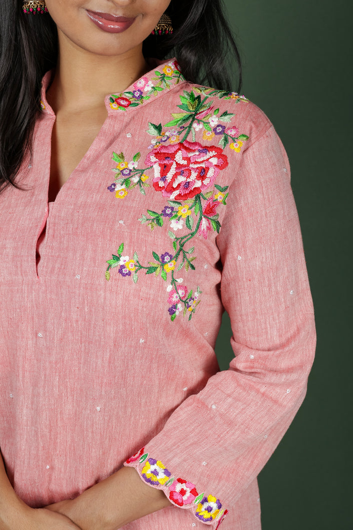 Pink Cotton Embroidered Collar (Co-ord Set)