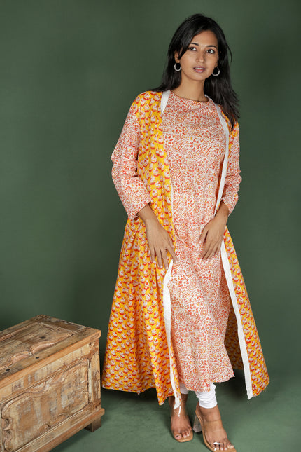 Orange Cotton Printed Top & Jacket