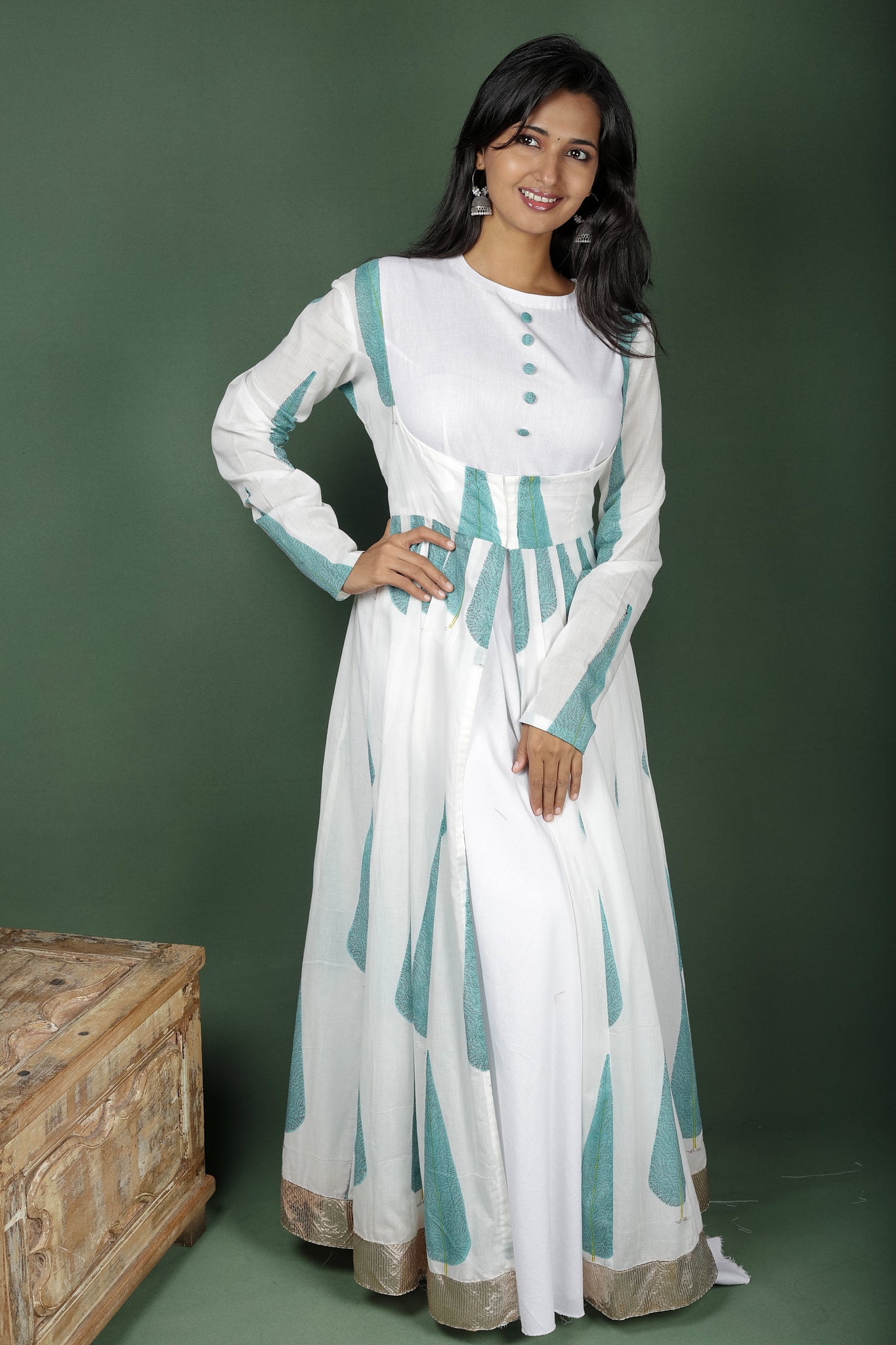 White And Blue 2 piece Block Print Anarkalli
