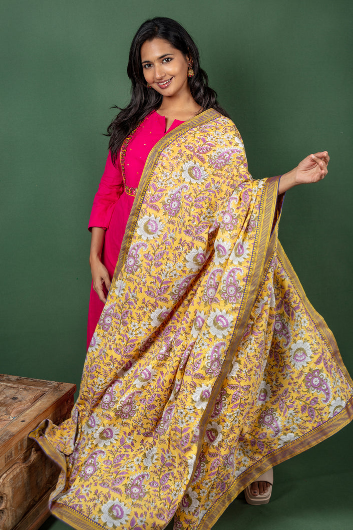 Pink Cotton Kurtha with Cotton Block Print Dupatta