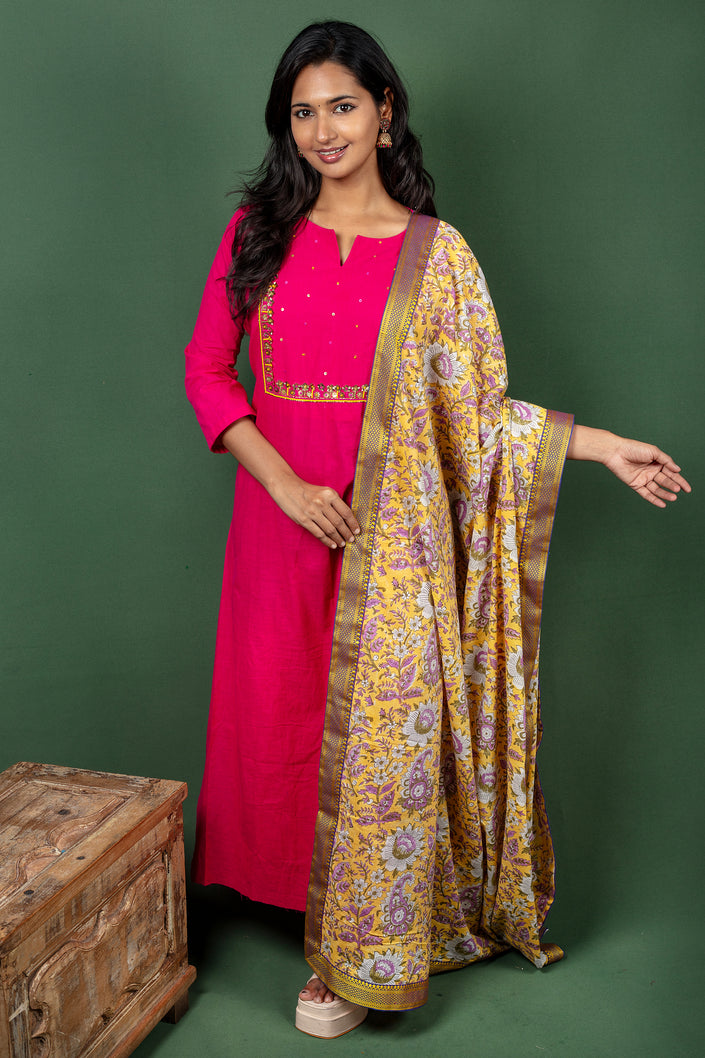 Pink Cotton Kurtha with Cotton Block Print Dupatta