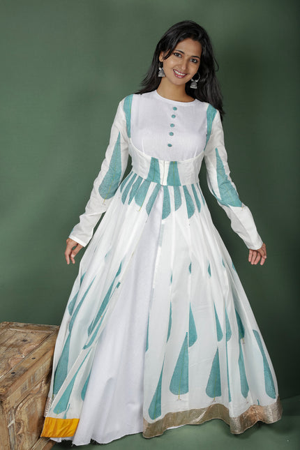 White And Blue 2 piece Block Print Anarkalli
