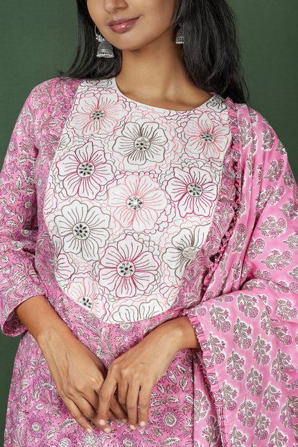 Pink Block Printed Cotton Kurtha Set with Cotton Block Print Dupatta
