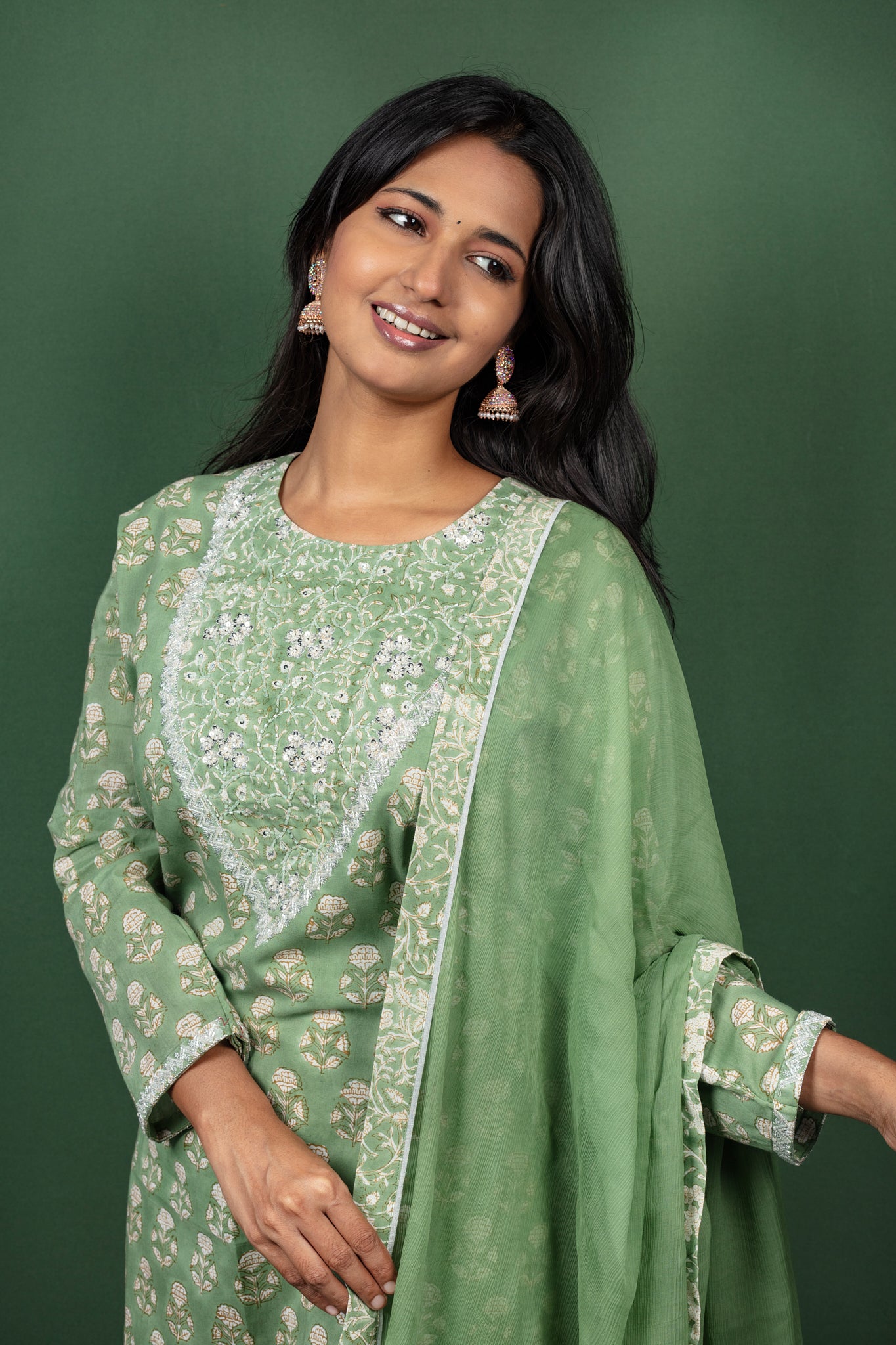 Green Block Printed Cotton Salwar Suit