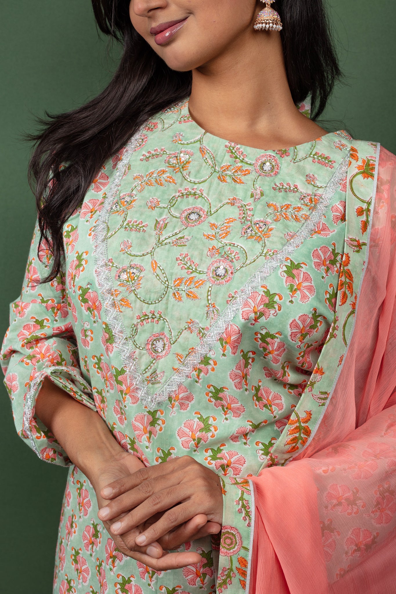 Mint Green Block Printed Cotton Salwar Suit