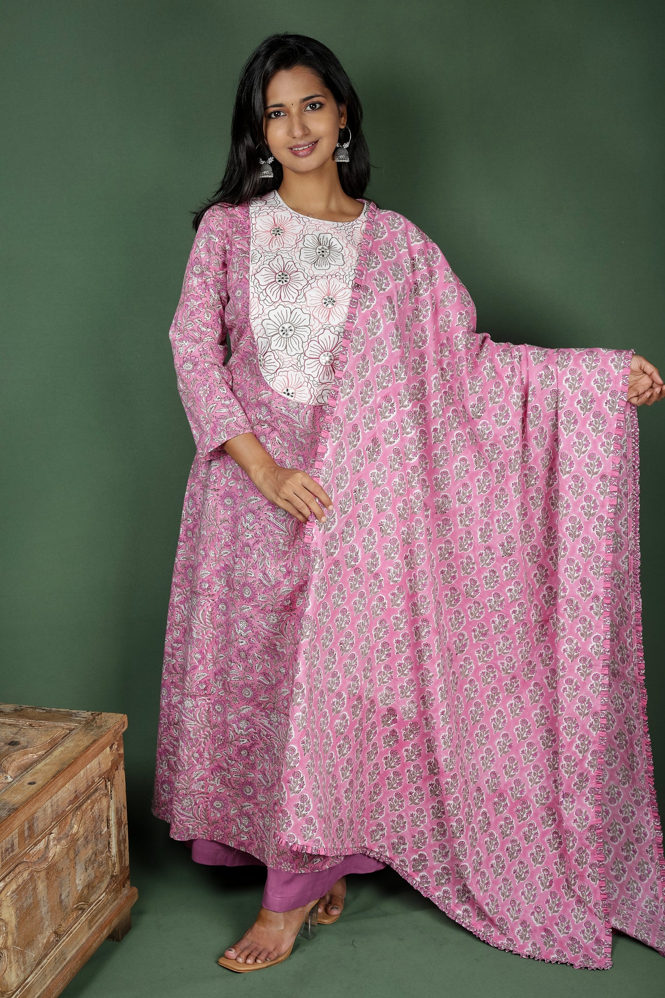 Pink Block Printed Cotton Kurtha Set with Cotton Block Print Dupatta