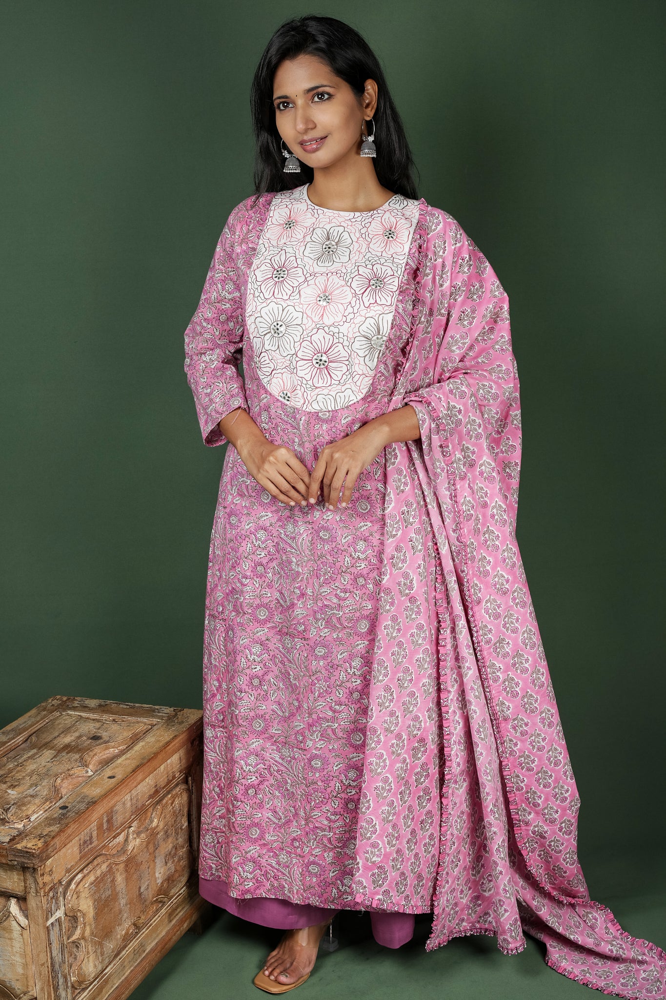 Pink Block Printed Cotton Kurtha Set with Cotton Block Print Dupatta