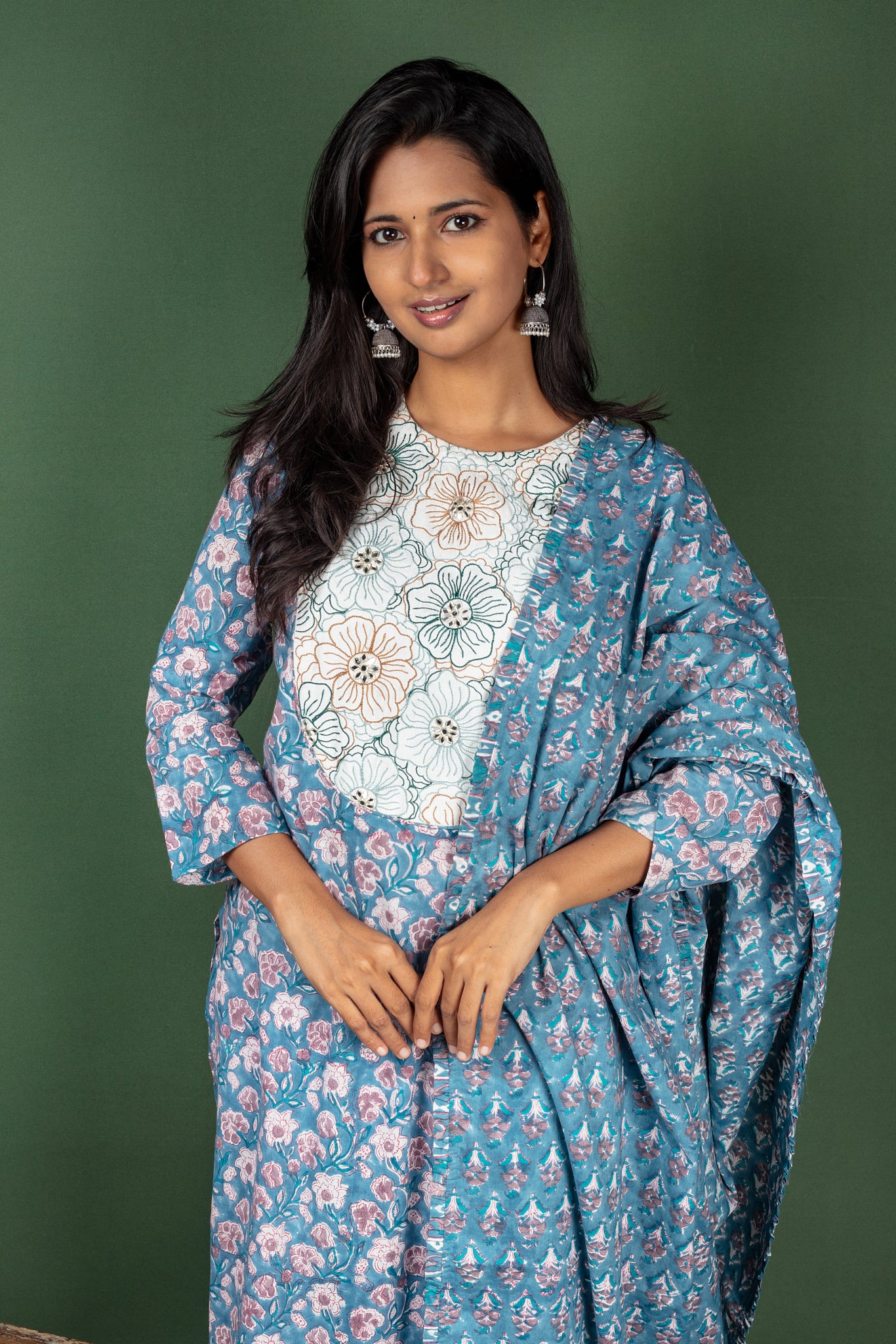 Blue Block Print Cotton Kurtha Set with Cotton Bloack Print Dupatta