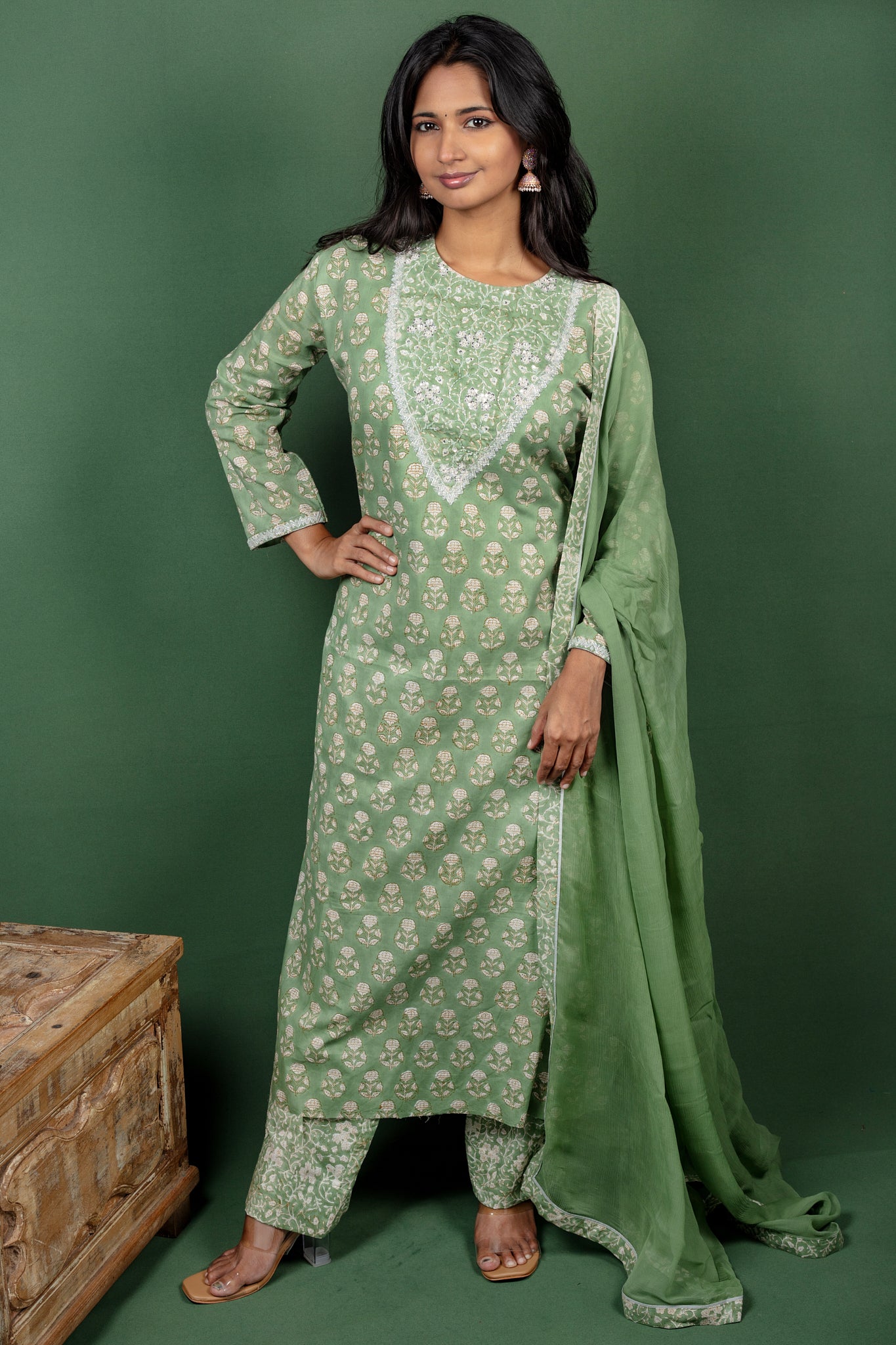 Green Block Printed Cotton Salwar Suit