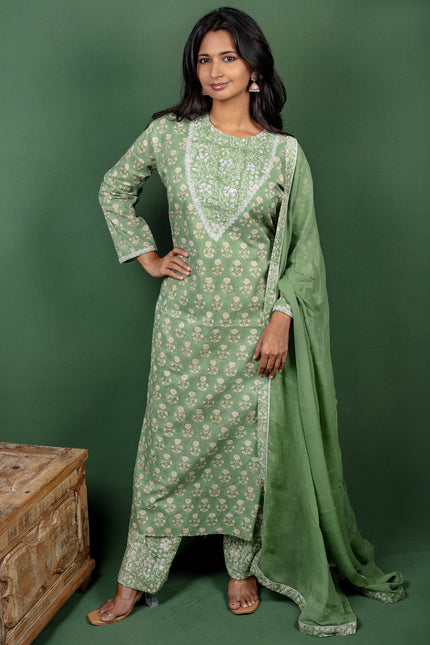Green Block Printed Cotton Salwar Suit