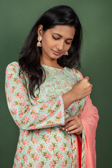 Mint Green Block Printed Cotton Salwar Suit