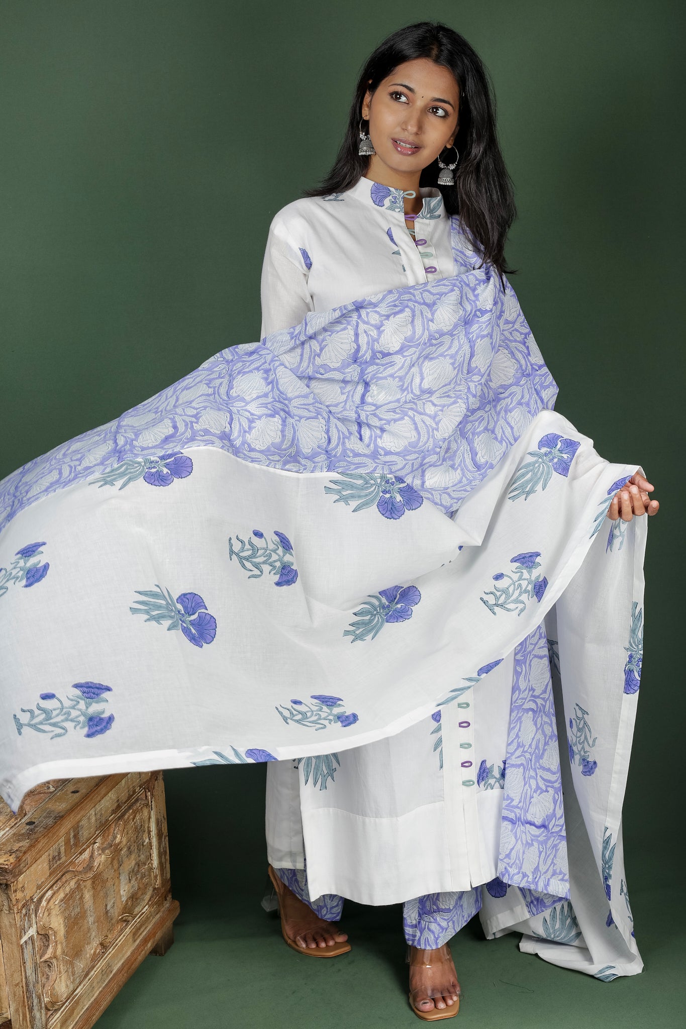 White Block Printed Cotton Kurtha with Cotton Dupatta