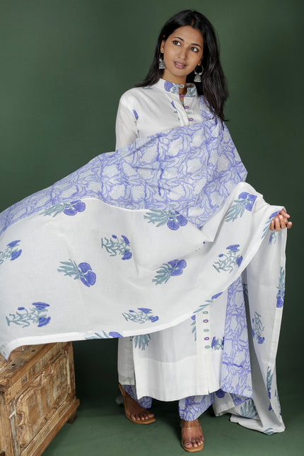 White Block Printed Cotton Kurtha with Cotton Dupatta