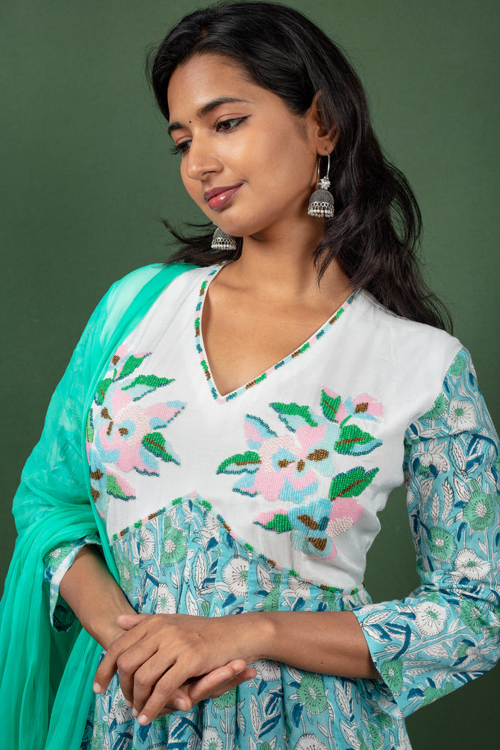 Cotton Dress with Yolk Bead Embroidery with Chiffon Dupatta