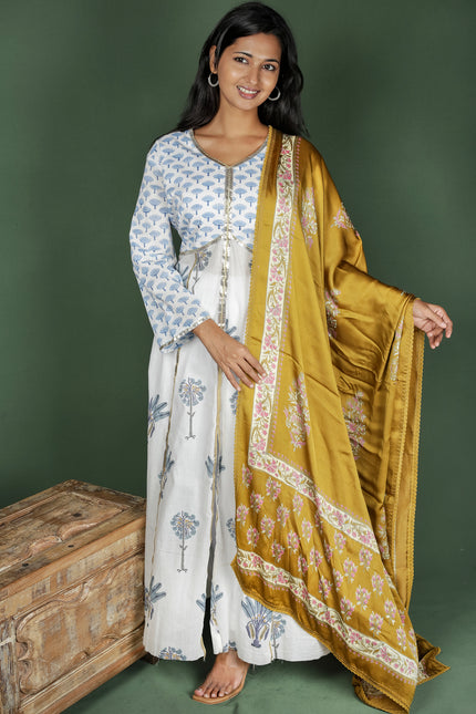 White Cotton Block Print Dress with Dupatta