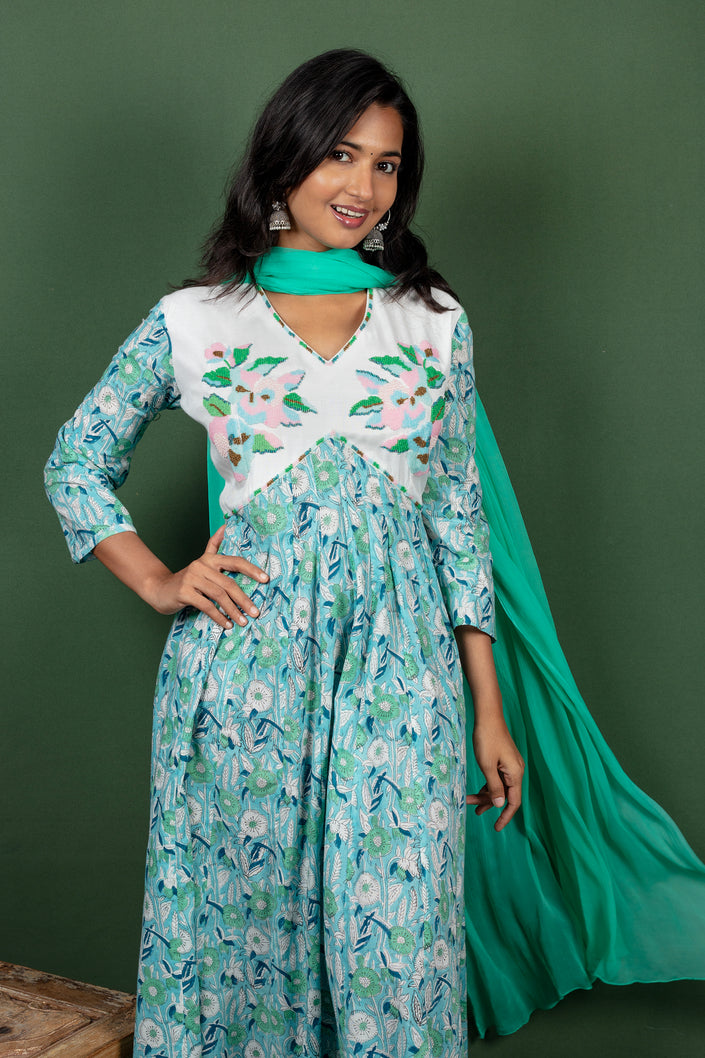 Cotton Dress with Yolk Bead Embroidery with Chiffon Dupatta