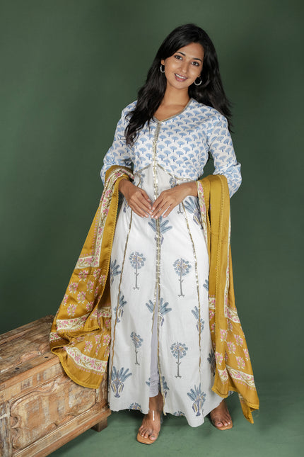 White Cotton Block Print Dress with Dupatta