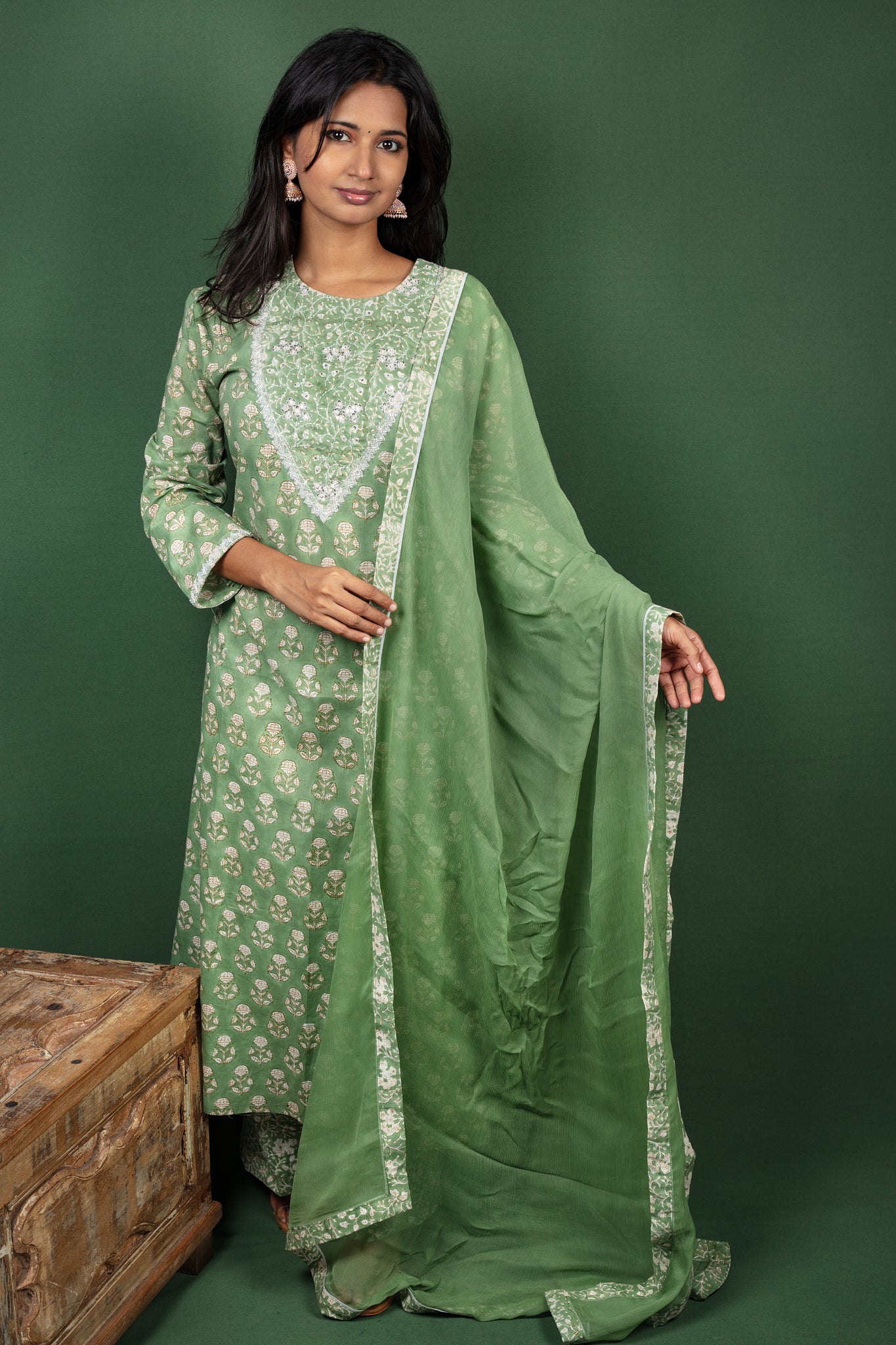 Green Block Printed Cotton Salwar Suit