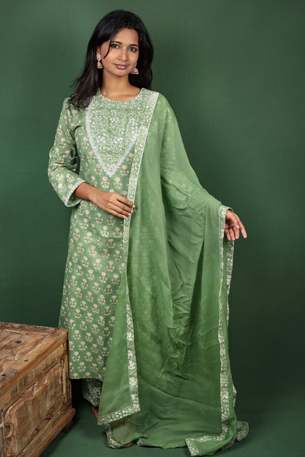Green Block Printed Cotton Salwar Suit