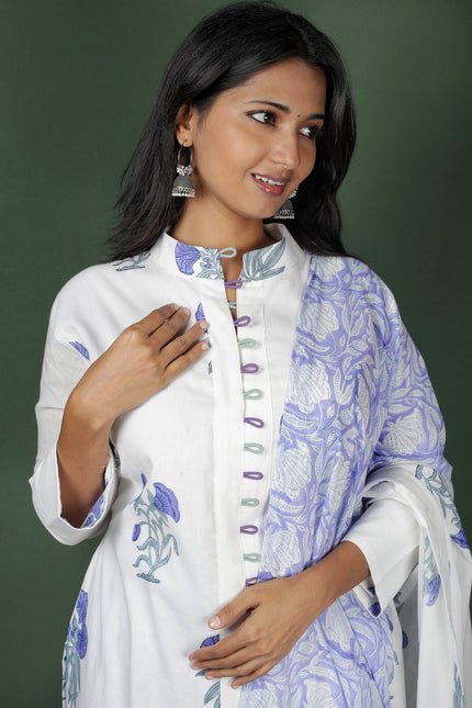 White Block Printed Cotton Kurtha with Cotton Dupatta