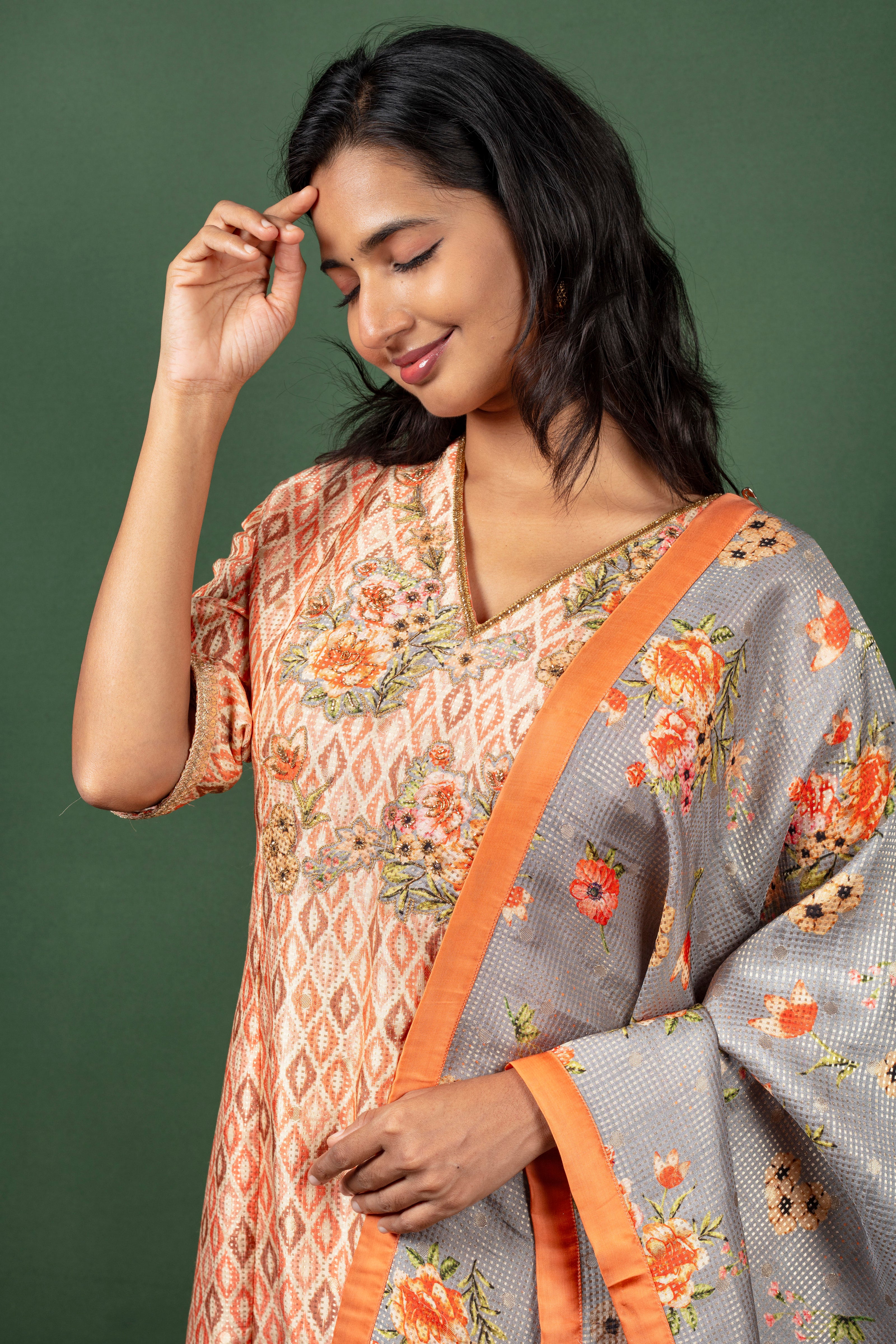 Orange Straight Cut Kurtha with Yolk Embroidery with Silk Floral Dupatta