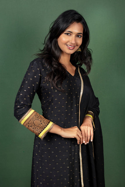 Black Sequenced Silk Kurtha with Brocade Detailing with Georgette Dupatta