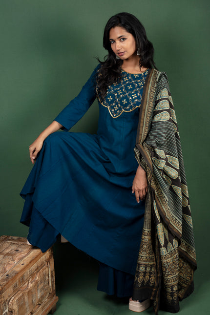 Blue Anarkalli With Gotta Patti Work with Maheshwari Cotton Ajrakh Dupatta