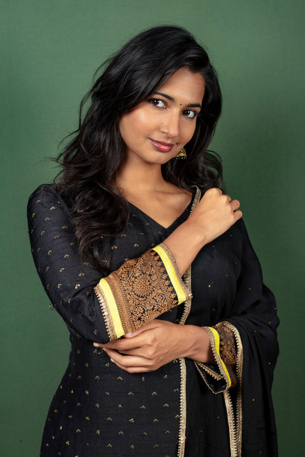 Black Sequenced Silk Kurtha with Brocade Detailing with Georgette Dupatta