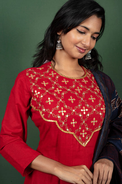 Reddish Maroon Anarkalli With Gotta Patti Work with Maheshwari Cotton Ajrakh Dupatta
