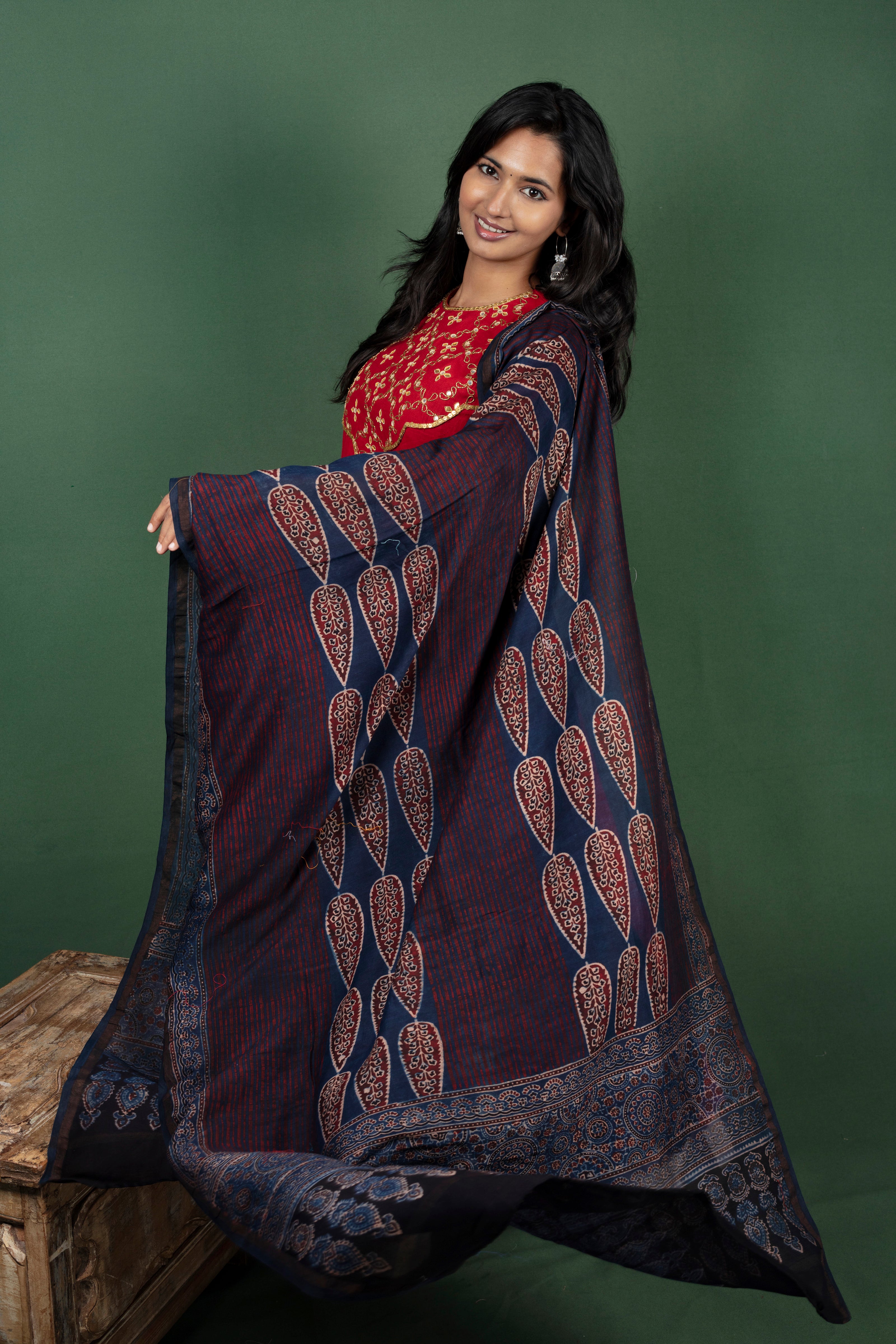 Reddish Maroon Anarkalli With Gotta Patti Work with Maheshwari Cotton Ajrakh Dupatta
