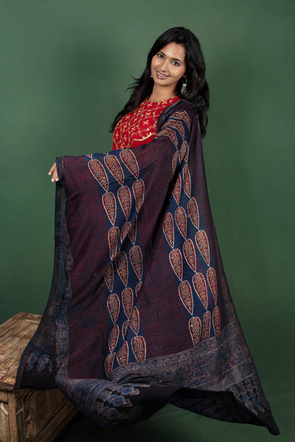 Reddish Maroon Anarkalli With Gotta Patti Work with Maheshwari Cotton Ajrakh Dupatta