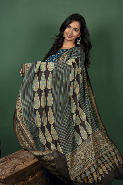 Blue Anarkalli With Gotta Patti Work with Maheshwari Cotton Ajrakh Dupatta