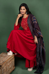 Reddish Maroon Anarkalli With Gotta Patti Work with Maheshwari Cotton Ajrakh Dupatta