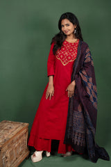 Reddish Maroon Anarkalli With Gotta Patti Work with Maheshwari Cotton Ajrakh Dupatta