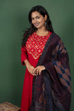 Reddish Maroon Anarkalli With Gotta Patti Work with Maheshwari Cotton Ajrakh Dupatta