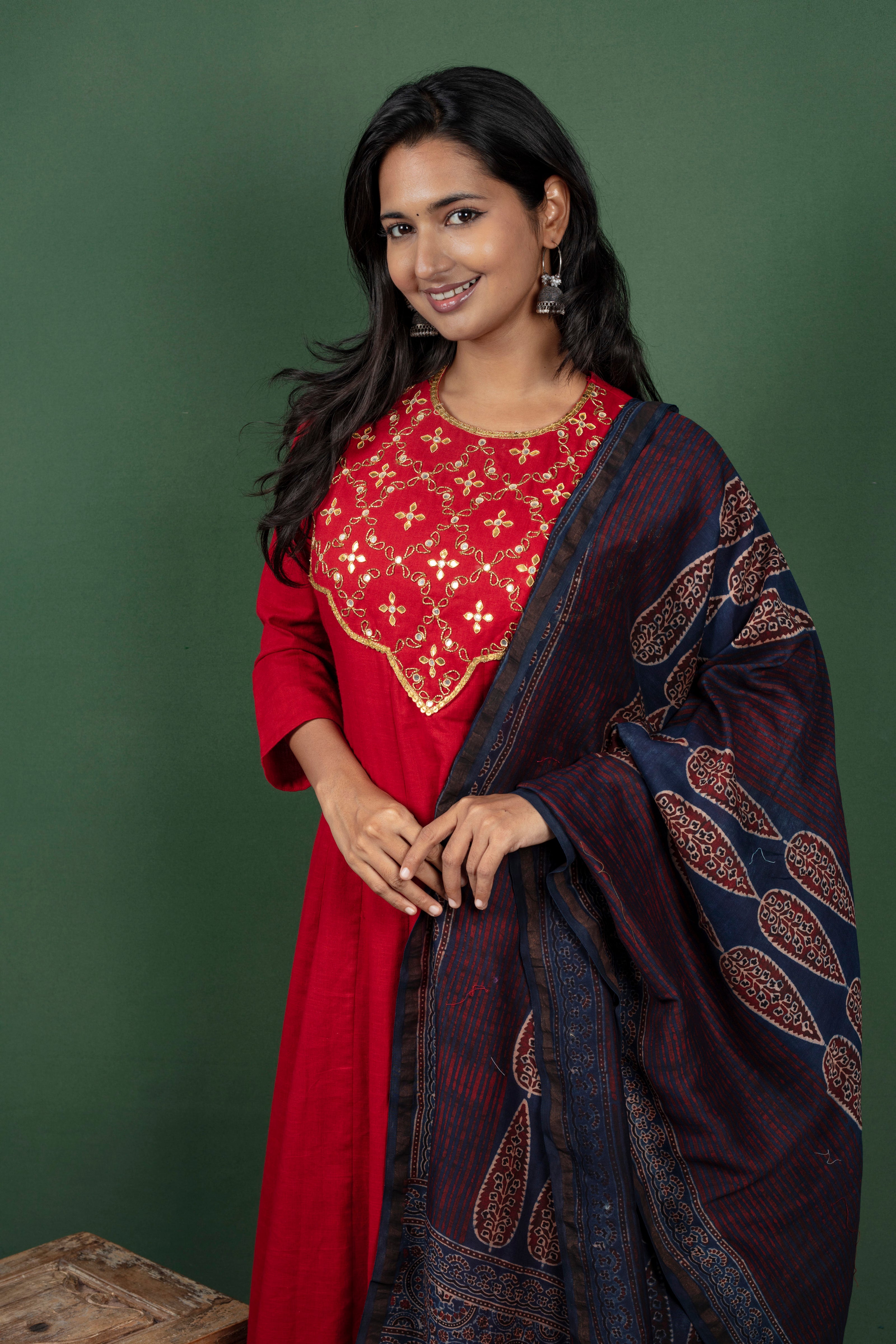 Reddish Maroon Anarkalli With Gotta Patti Work with Maheshwari Cotton Ajrakh Dupatta